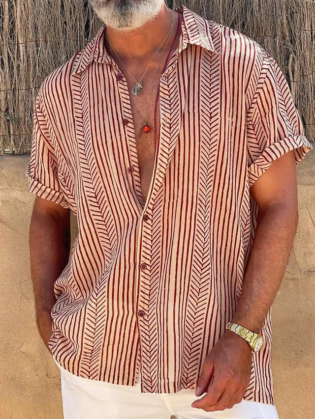  Hombre Camisa camisa hawaiana A Rayas Estampados Cuello Vuelto Albaricoque Negro Vino Rojo Gris Exterior Calle Mangas cortas Estampado Ropa Moda Ropa de calle Design Suave