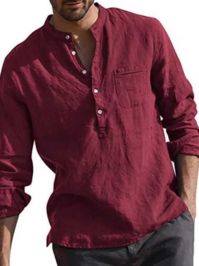  Chemise Chemise Lin Homme Maroon Chemise Couleur unie Col V Manches Longues Blanche Noir Gris Vin Vert Véronèse chemises à col Normal du quotidien Vacances Fin de semaine Standard Mélange de Coton