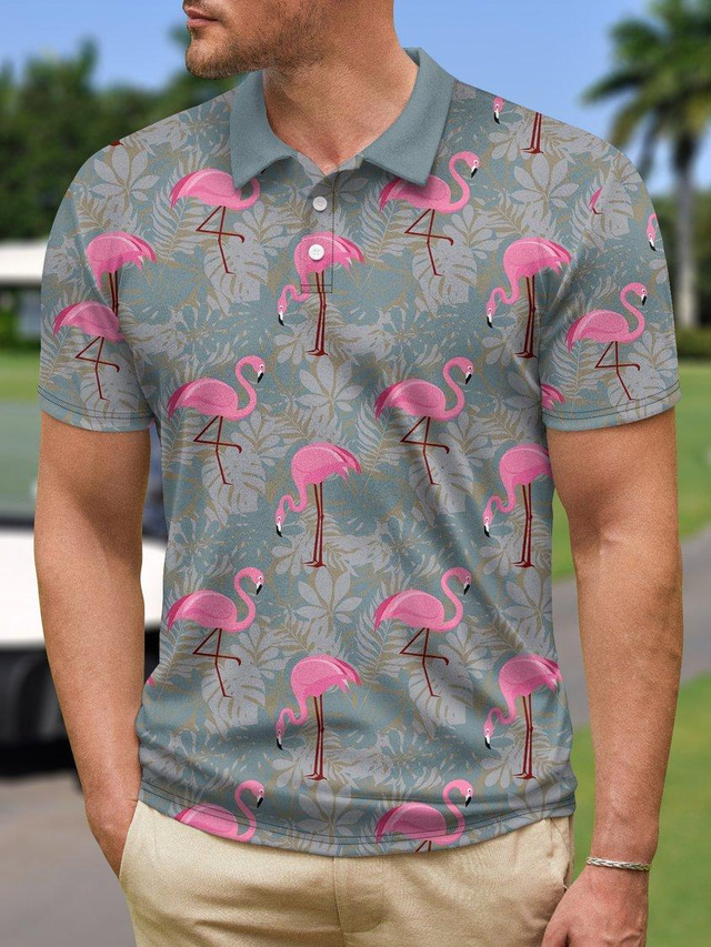  Herre POLO T-skjorte Golf skjorte Flamingo Grafiske trykk Aftæpning Grå utendørs Gate Kort Erme Knapp ned Trykt mønster Klær Sport Mote Gatemote Designer