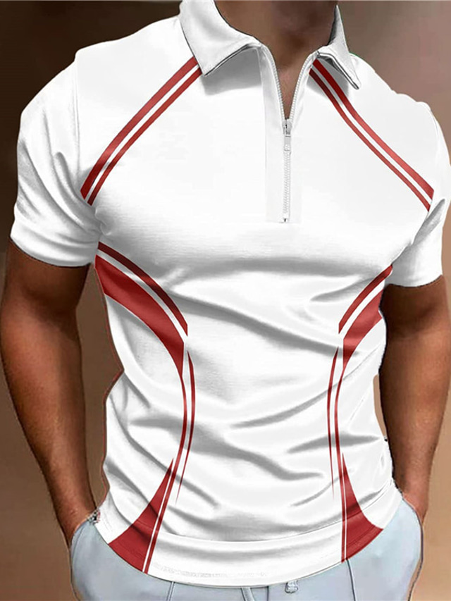  Men's Polo Shirt Zip Polo Golf Shirt Graphic Prints Geometry Linear Turndown Yellow Red Blue Orange Green Outdoor Street Short Sleeves Zipper Print Clothing Apparel Fashion Designer Casual Breathable