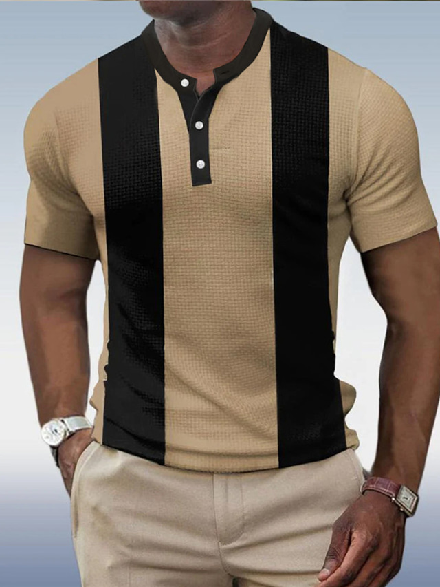 Men's Waffle Henley Shirt Color Block Henley Clothing Apparel 3D Print ...