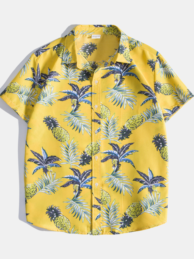  Men's Shirt Yellow Blue Short Sleeve Palm Tree Classic Collar Hawaiian Clothing Apparel Beach