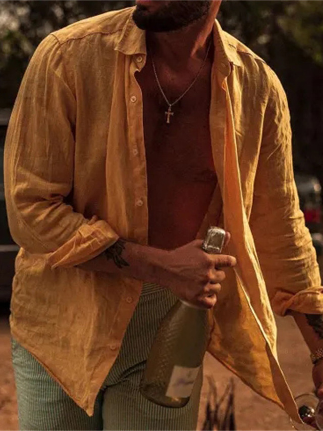  Hombre camisa de lino Camisa de verano Camisa de playa Amarillo Manga Larga Plano Cuello Vuelto Primavera & Otoño Casual Diario Ropa Abotonar