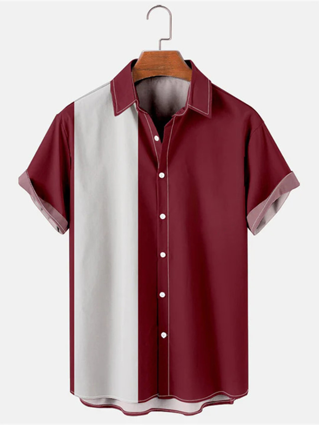  男性用 ボーリングシャツ キャンプシャツ カラーブロック 折襟 白 + 赤 ブルー グリーン 日常 祝日 半袖 ボタンダウン 衣類 ハワイアン カラーブロック ヴィンテージ 快適