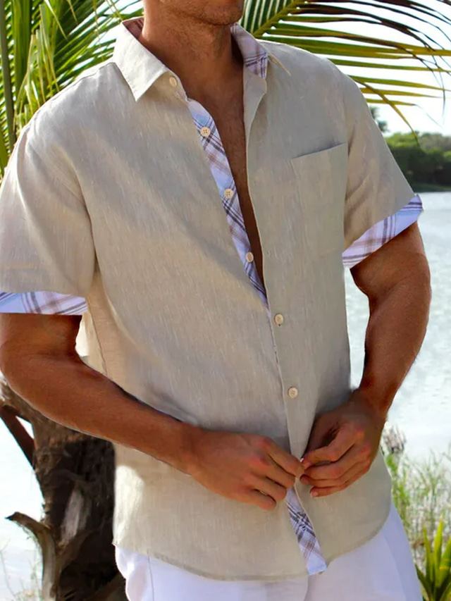  Homens camisa de linho Camisa casual camisa de verão camisa de praia Branco Azul Verde Manga Curta Tecido Lapela Primavera Verão Havaiana Feriado Roupa Bolso frontal