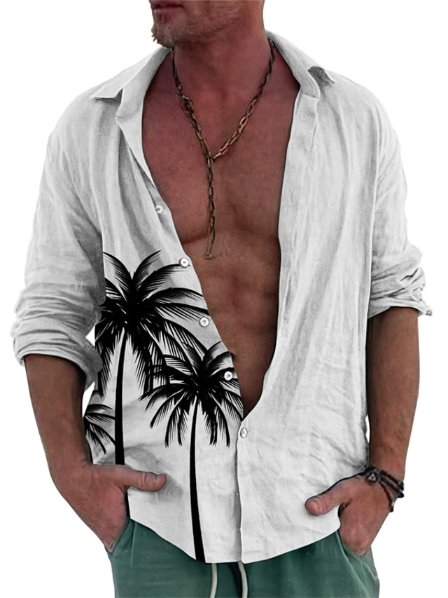  Herre linskjorte Sommerskjorte Strandskjorte Aftæpning Vår sommer Langermet Rosa Blå Kakifarget Palmetre Avslappet Daglig Klær