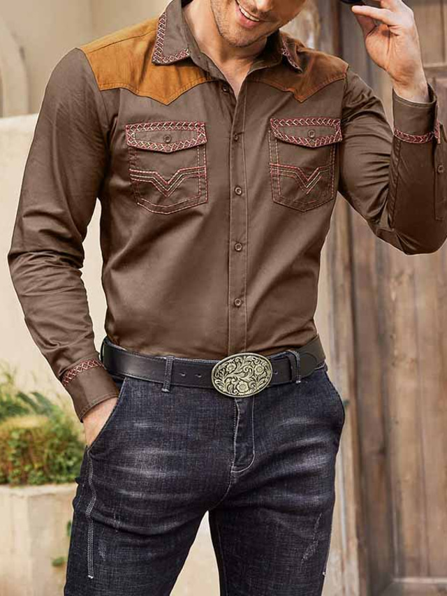  Voor heren Overhemd Westers overhemd Grafische prints Cowboy Strijkijzer Wit Khaki Grijs Buiten Straat Lange mouw Afdrukken Kleding Modieus Streetwear Ontwerper Casual