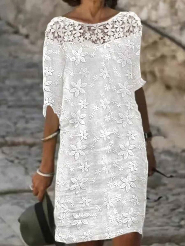  Damen Weiß Sommer Frühling Midikleid Etuikleid Elegant Urlaub Täglich Regular Fit Rundhalsausschnitt