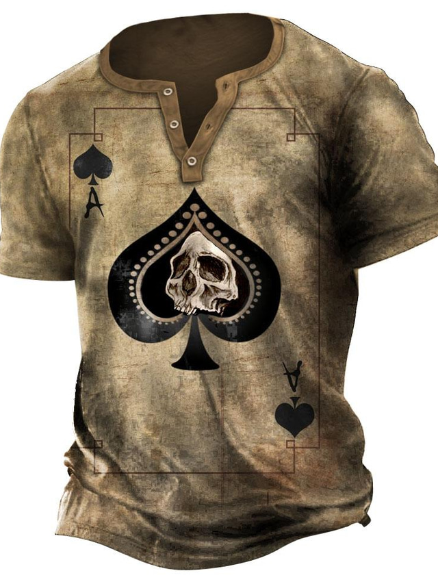  Voor heren Henley-shirt Grafisch Doodskoppen Poker Henley Kleding 3D-afdrukken Buiten Dagelijks Korte mouw Button-omlaag Afdrukken Modieus Ontwerper Comfortabel