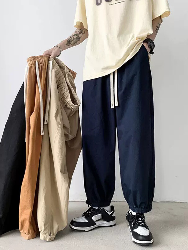  Men's Cargo Pants Cargo Trousers Trousers Baggy Drawstring Elastic Waist Plain Comfort Wearable Casual Daily Holiday 100% Cotton Sports Fashion Black Blue