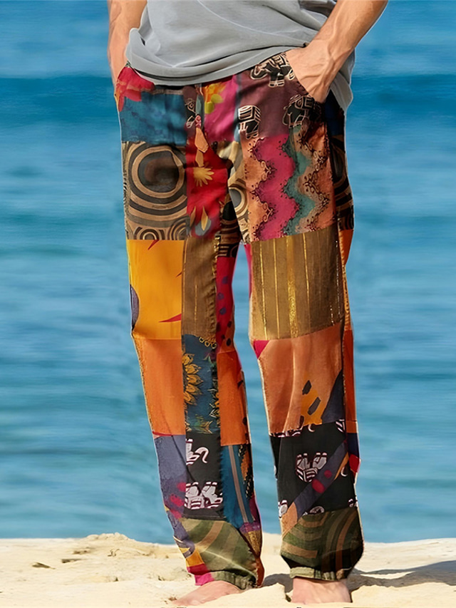  Men's Trousers Summer Pants Beach Pants Drawstring Elastic Waist 3D Print Color Block Graphic Prints Comfort Casual Daily Holiday Streetwear Hawaiian Yellow Orange