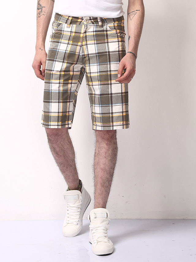  Men's Shorts Chino Shorts Bermuda shorts Pocket Lattice Comfort Breathable Outdoor Daily Going out 100% Cotton Fashion Streetwear Yellow Pink