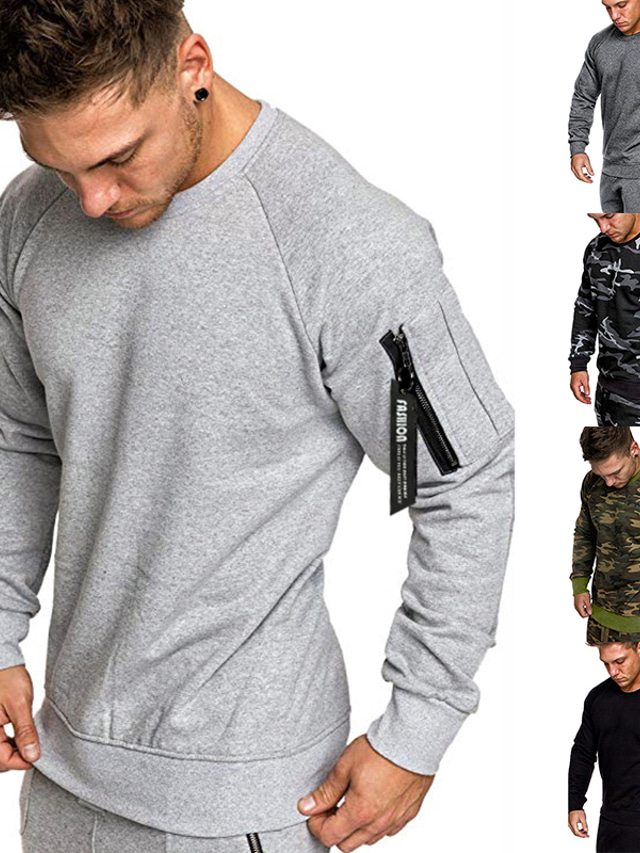  Men's Sweatshirt Zipper Pocket Crew Neck Solid Colored Camo / Camouflage Sport Athleisure Sweatshirt Shirt Long Sleeve Thermal Warm Breathable Soft Gym Workout Running Active Training Jogging Exercise