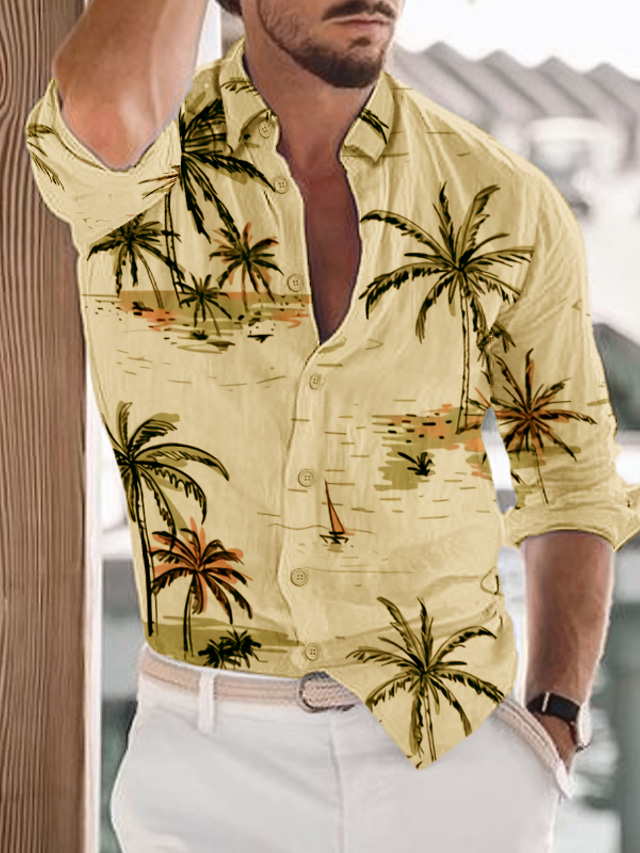  Men's Shirt Summer Hawaiian Shirt Button Up Shirt Summer Shirt Casual Shirt Yellow Blue Long Sleeve Coconut Tree Turndown Street Daily Print Clothing Apparel Fashion Casual Comfortable