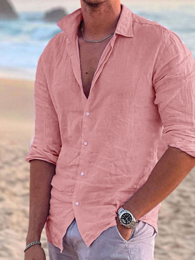  Camisa de lino para hombre, color sólido, informal, con botones, de manga larga, a la moda, transpirable, cómoda, rosa