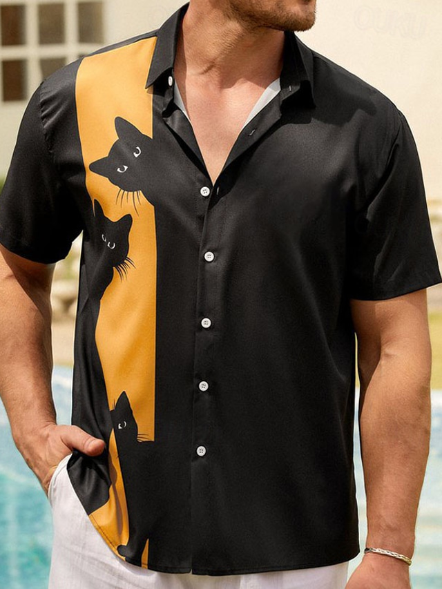  Herren Katze Hemd Sommerhemd Lässiges Hemd Kurzarm Modisch 1950s Freizeit Urlaub Strasse Ausgehen Sommer Kargen Tasche Bedruckt Schwarz