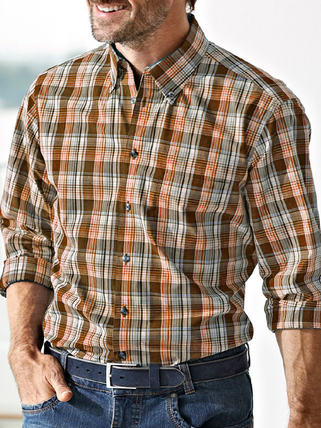 Men's Shirt Casual Shirt Button Up Shirt Checked Shirts Blue Sky Blue Purple Brown Green Long Sleeve Graphic Plaid Turndown Vacation Street Print Clothing Apparel Polyester Stylish Modern