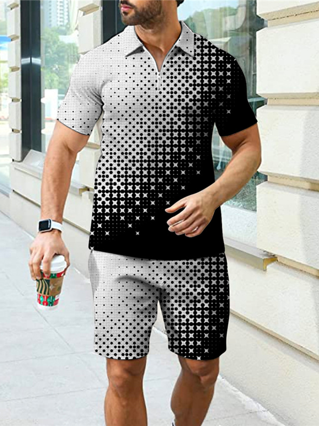  Herr Zip Polo POLO Shirt Golftröja Polo set Grafiska tryck Geometri Nedvikt Vit Gul Utomhus Gata Kort ärm Dragkedja Mönster Kläder Sport Mode Streetwear Designer