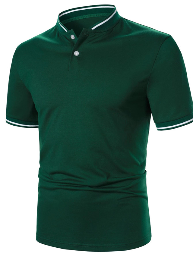  Men's Polo Shirt Golf Shirt Work Business Stand Collar Ribbed Polo Collar Short Sleeve Fashion Basic Plain Button Summer Regular Fit Army Green Polo Shirt