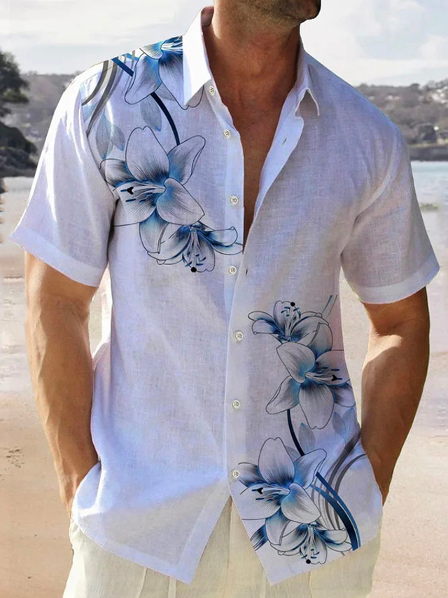  Voor heren linnen overhemd Zomer overhemd Strand hemd Wit Blauw Khaki Korte mouw Bloem / Planten Strijkijzer Zomer Casual Dagelijks Kleding Button-omlaag