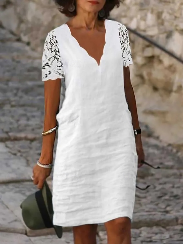  Women's White Dress Casual Dress Cotton Linen Dress Midi Dress Cotton Blend Contrast Lace Lace Casual Daily Vacation V Neck Short Sleeve Summer Spring White Plain