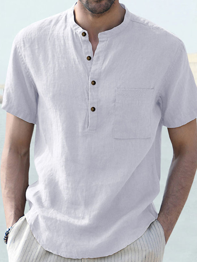  Homens camisa de linho camisa de verão camisa de praia Preto Branco Azul Manga Curta Tecido Gola Redonda Primavera Verão Havaiana Feriado Roupa Bolsos