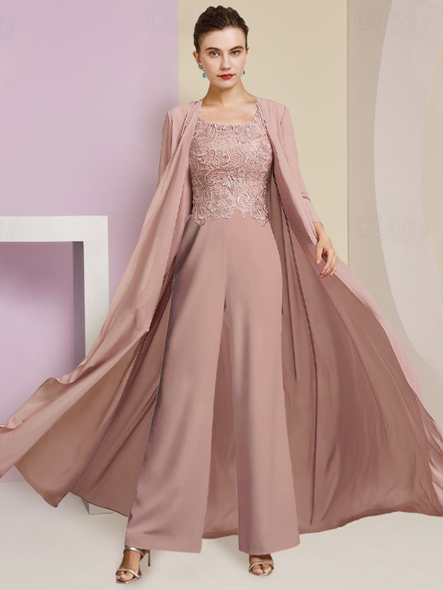  Beach Wedding Jumpsuit / Pantsuit 3 Piece Mother of the Bride  Formal Wedding Guest Elegant Square Neck Floor Length Chiffon Lace Sleeveless Wrap Included with Appliques free custom size
