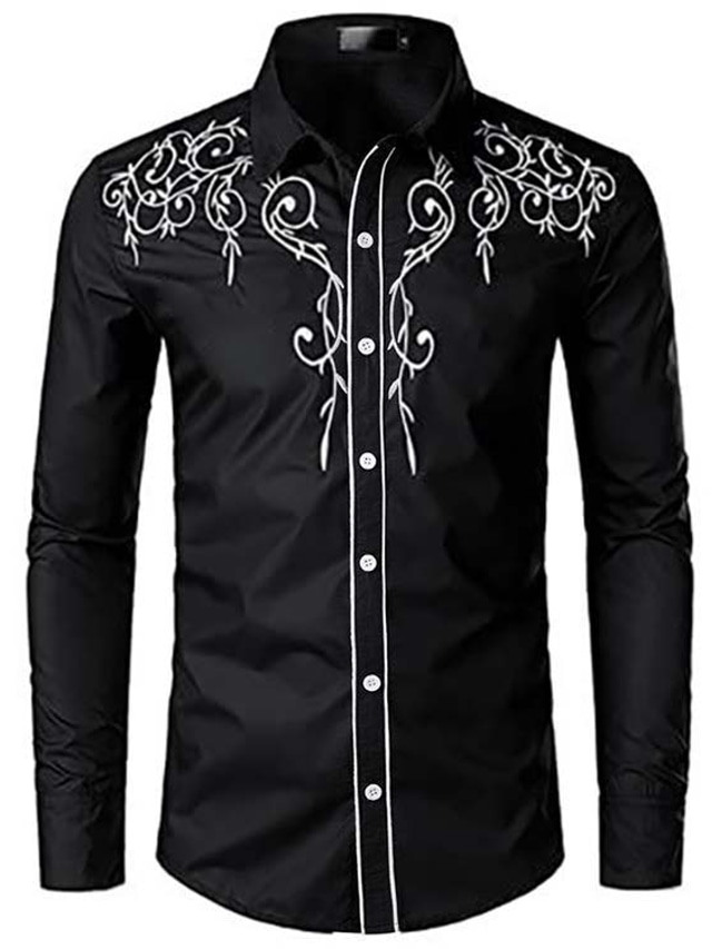  メンズ長袖刺繍ウエスタンカウボーイシャツスリムフィットカジュアルボタンダウンシャツブラックスモール