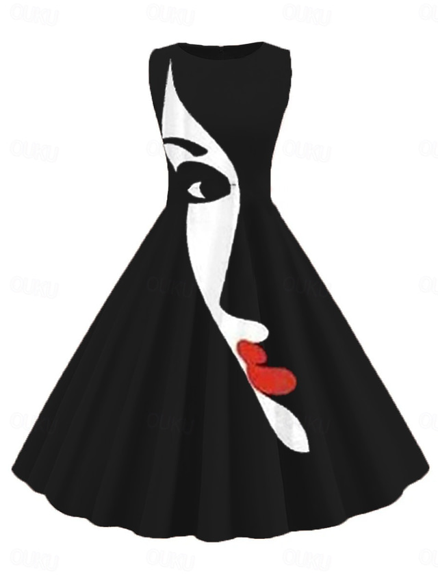  Women's Retro Vintage Vintage Dress Midi Dress Daily Date Ruched Print Abstract Crew Neck Sleeveless Slim Summer Spring 2023 Black And White Black S M L XL