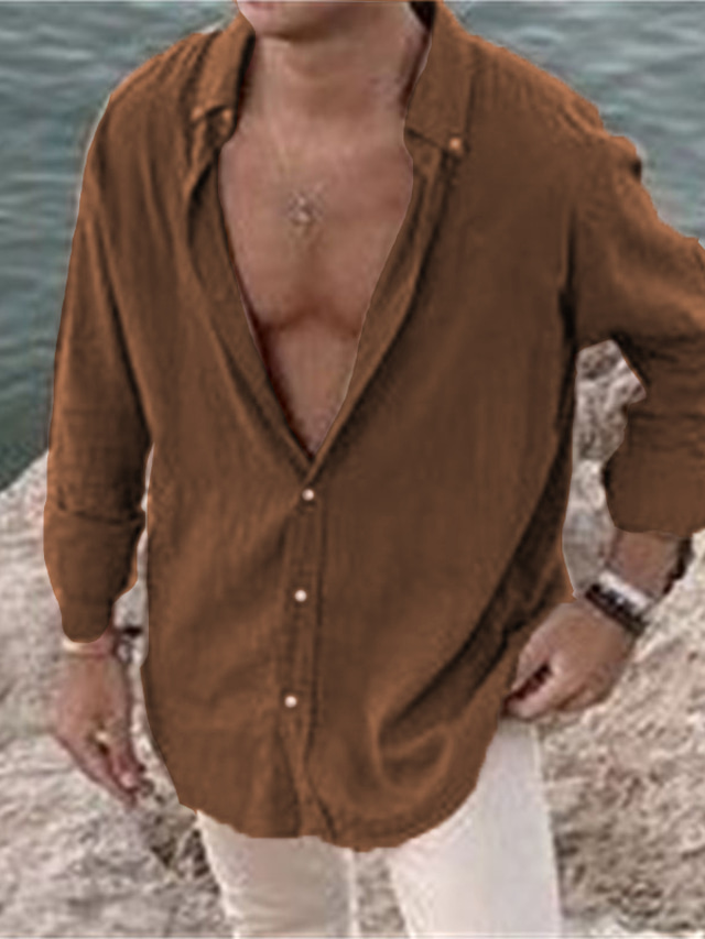  Ανδρικά λινό πουκάμισο Πουκάμισο Συμπαγές Χρώμα Απορρίπτω Θαλασσί Καφέ Γκρίζο Καθημερινά Αργίες Μακρυμάνικο Κουμπί-Κάτω Ρούχα Απλός Καθημερινό Άνετο