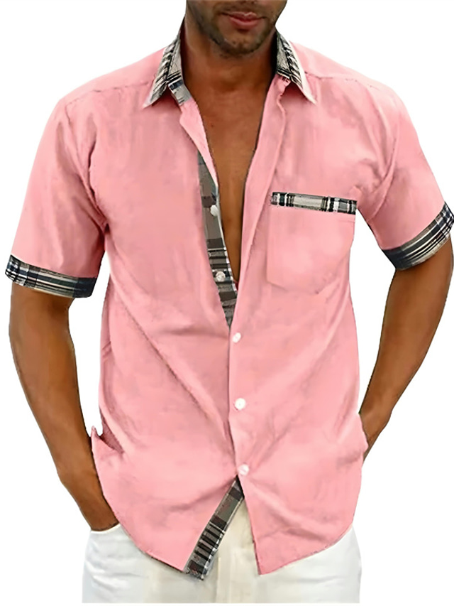  Camisa de gola masculina bloco de cores turndown street casual botão para baixo manga curta tops fashion clássico confortável grande e alto azul m