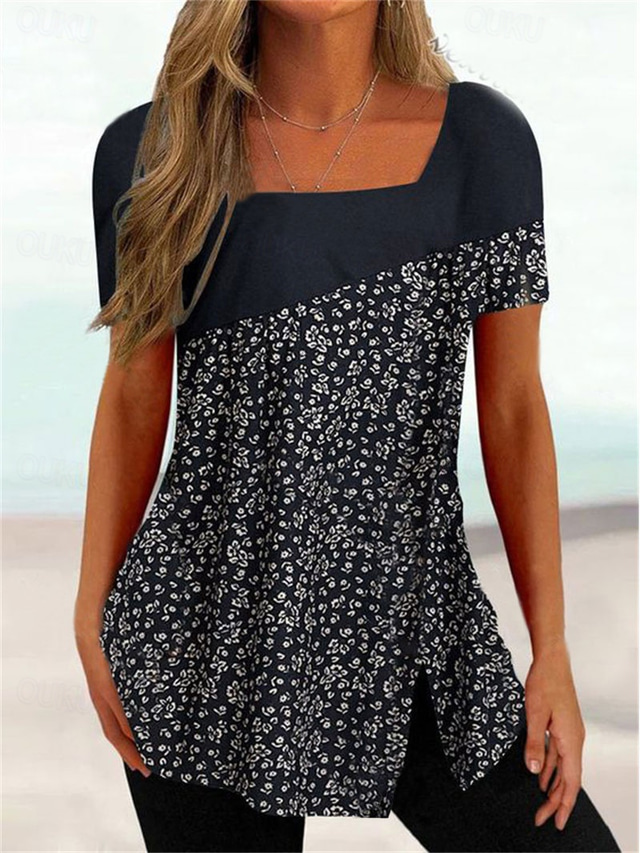  T-Shirt Tunika für Damen in Übergröße, Basic, Blumenmuster, Streifenmuster, kurzärmlig, normale Oberteile, quadratischer Ausschnitt, lässig, Urlaub, schwarz, weiß, rosa, lila, dunkelgrau