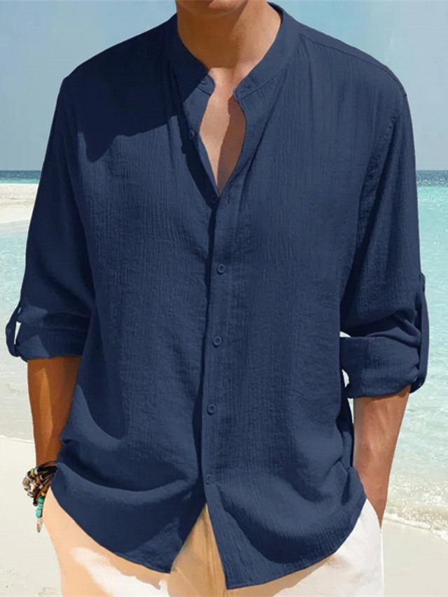  Men's Linen Shirt Shirt Button Up Shirt Summer Shirt Casual Shirt Beach Shirt Turndown Spring Summer Long Sleeve Wine Royal Blue Blue Plain Street Holiday Clothing Apparel Button-Down