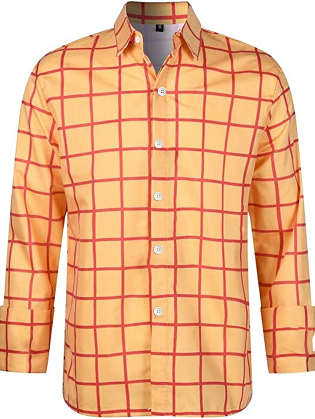  Męskie Koszula Kratka Wieczorne Żółty Granatowy Pomarańczowy Impreza Praca Długi rękaw Przycisk w dół Nadruk Odzież Moda Prosty Codzienny