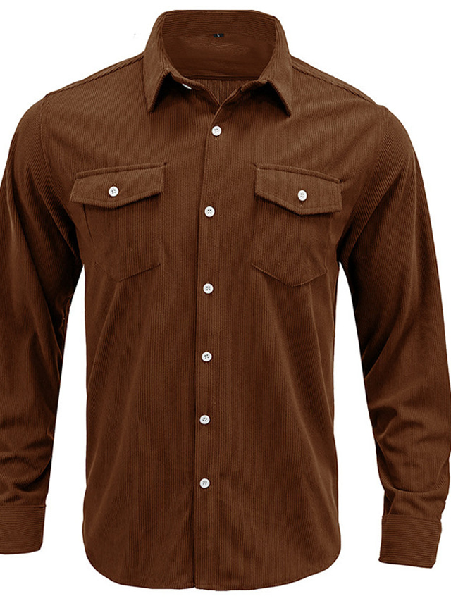  Męskie Koszula flanelowa Gruba koszula Koszula sztruksowa Jednokolorowe Wieczorne Brązowy Czarny Ulica Codzienny Długi rękaw Przycisk w dół Odzież Moda Codzienny Wygodny