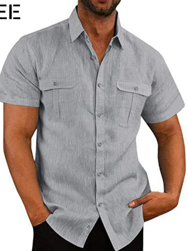  Hombre Camisa camisa de lino Negro Blanco Azul Marino Mangas cortas Plano Cuello Vuelto Primavera verano Casual Diario Ropa Bolsillo delantero