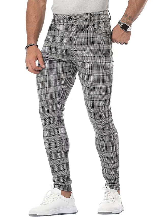  Men's Trousers Chinos Chino Pants Plaid Dress Pants Pocket Print Plaid Comfort Breathable Outdoor Daily Going out Cotton Blend Fashion Streetwear Black Grey Stretchy