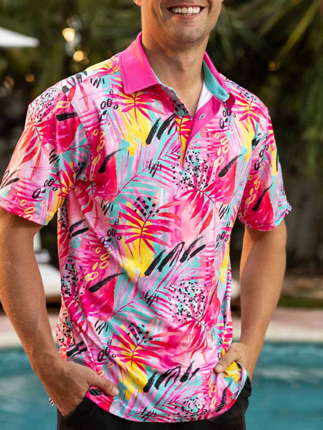  Męskie Koszulka polo Koszula golfowa Wzory graficzne Liście Wieczorne Czerwony Fioletowy Na zewnątrz Ulica Krótkie rękawy Przycisk w dół Nadruk Odzież Sport Moda Moda miejska Designerskie