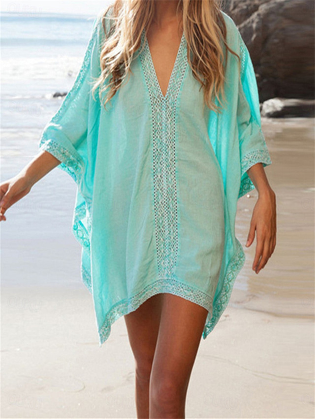  Women's Beach Dresses Lace Dress Beach Wear Mini Dress Slim Dolman Classic Modern Plain V Neck 3/4 Length Sleeve Loose Fit Vacation Beach White Blue  Summer Spring One Size