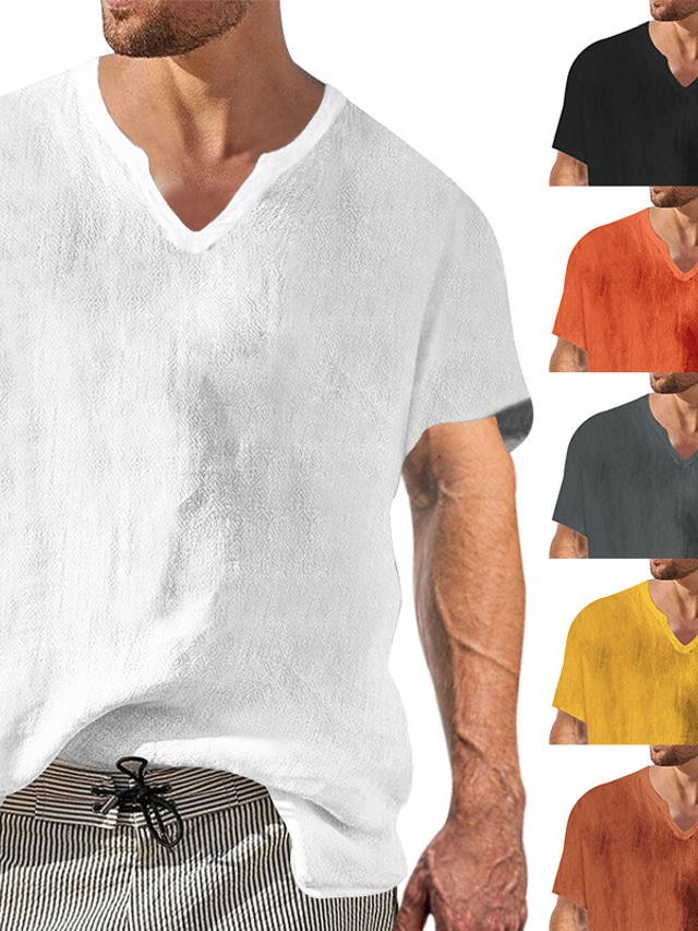  Pánské plátěná košile Letní košile Černá Bílá Žlutá Krátký rukáv Bez vzoru Do V Jaro léto Havajské Dovolená Oblečení