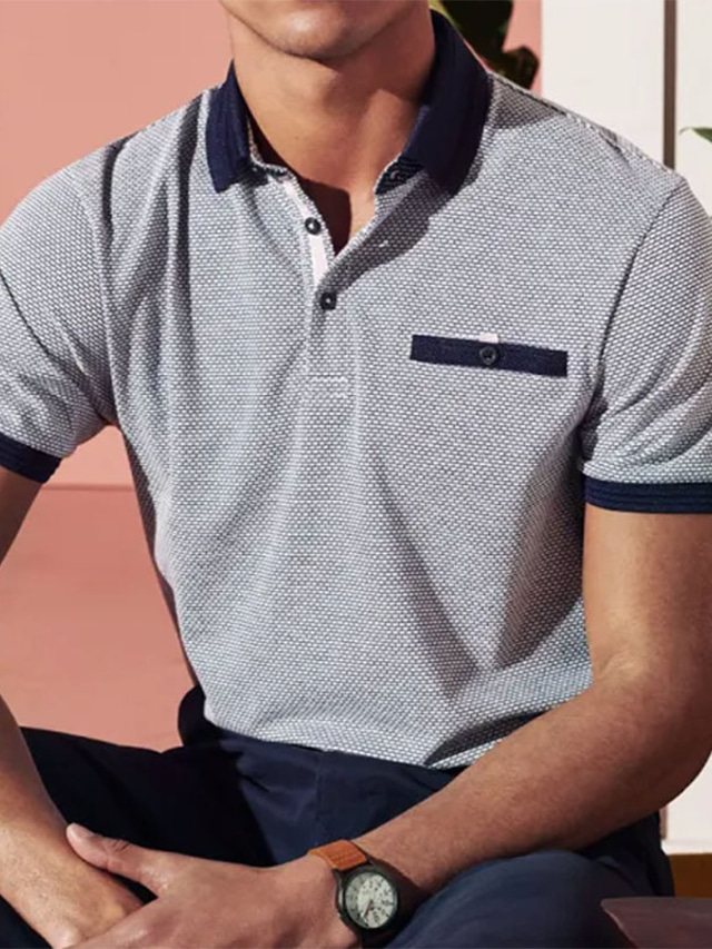  Homens Camisa de golfe Casual Clássico Manga Curta Moda Poloneses Balanças Frente do botão Verão Cinzento Camisa de golfe
