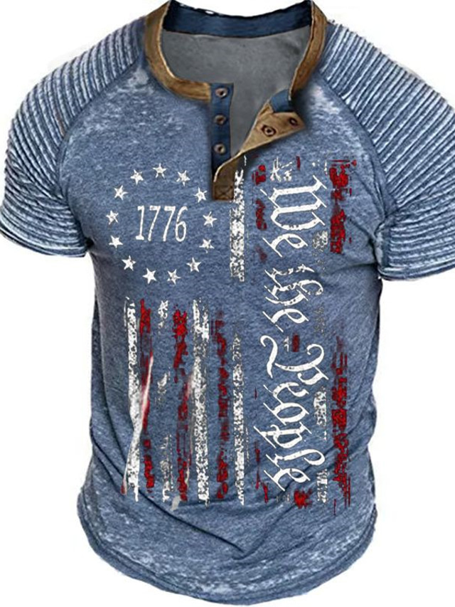  Men's Henley Shirt Graphic Tee Cool Shirt Graphic Prints Slim Pleated Patriotic National Flag Henley Hot Stamping Street Vacation Short Sleeves Button Print Clothing Apparel Fashion Designer Basic