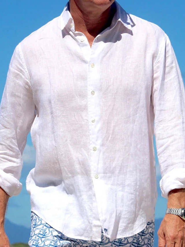  Homens camisa de linho camisa de verão camisa de praia Aberto para a Lateral Primavera Verão Manga Longa Preto Branco Azul Escuro Tecido Feriado Férias Roupa