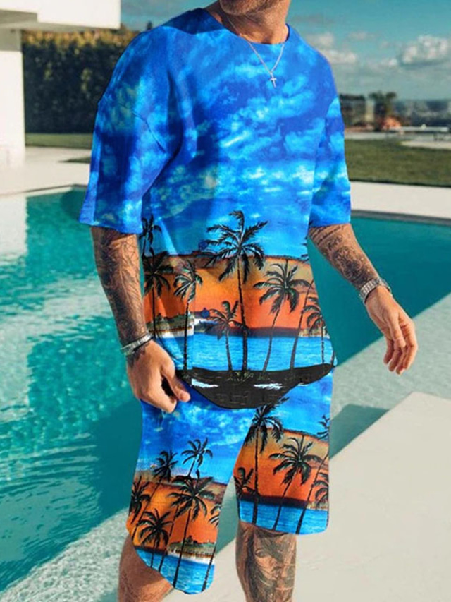  Men's Graphic Coconut Tree Beach 2pcs Tees sets Matching Sets Short Sleeve Short Pants Crew Neck Hawaiian Designer Casual Outdoor Vacation Daily 3D Print Spring & Summer White Blue Dark Green