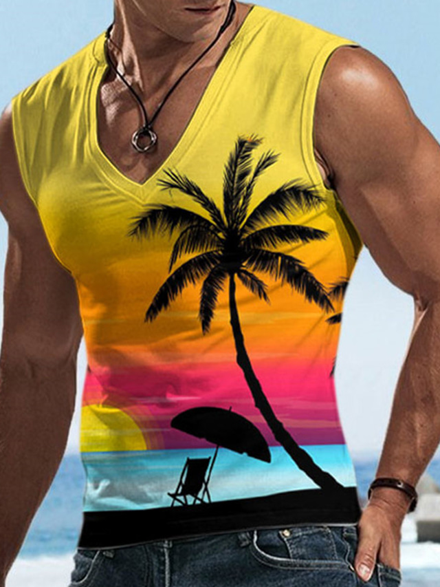  Homme Top T-shirt sans manches pour hommes Graphic Cocotier Col V Vêtement Tenue 3D effet Des sports Course Sans Manches Impression 3D Design Décontractées Muscle