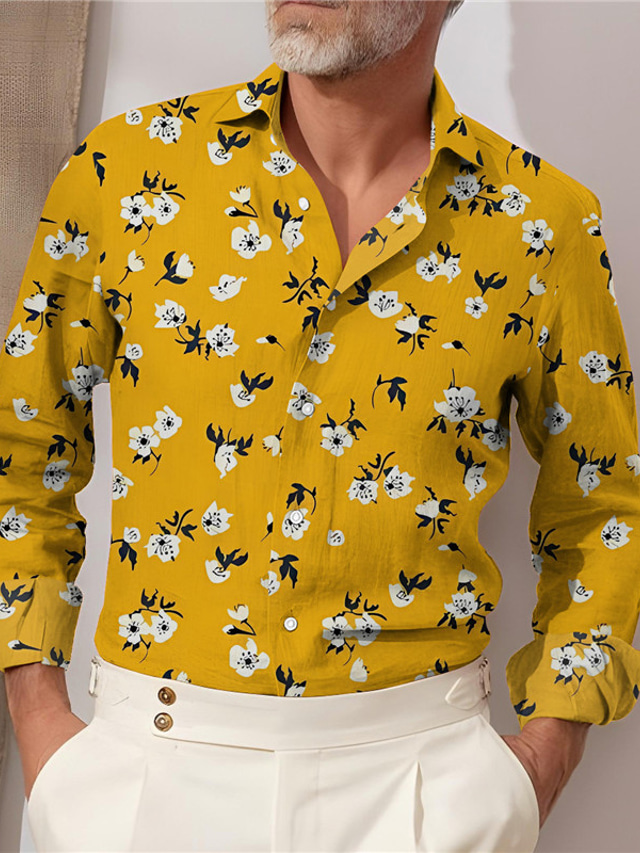  Homens Camisa Social Floral Estampas Abstratas Aberto para a Lateral Amarelo Azul Ao ar livre Rua Manga Longa Botão para baixo Imprimir Roupa Moda Roupa de rua Designer Macia