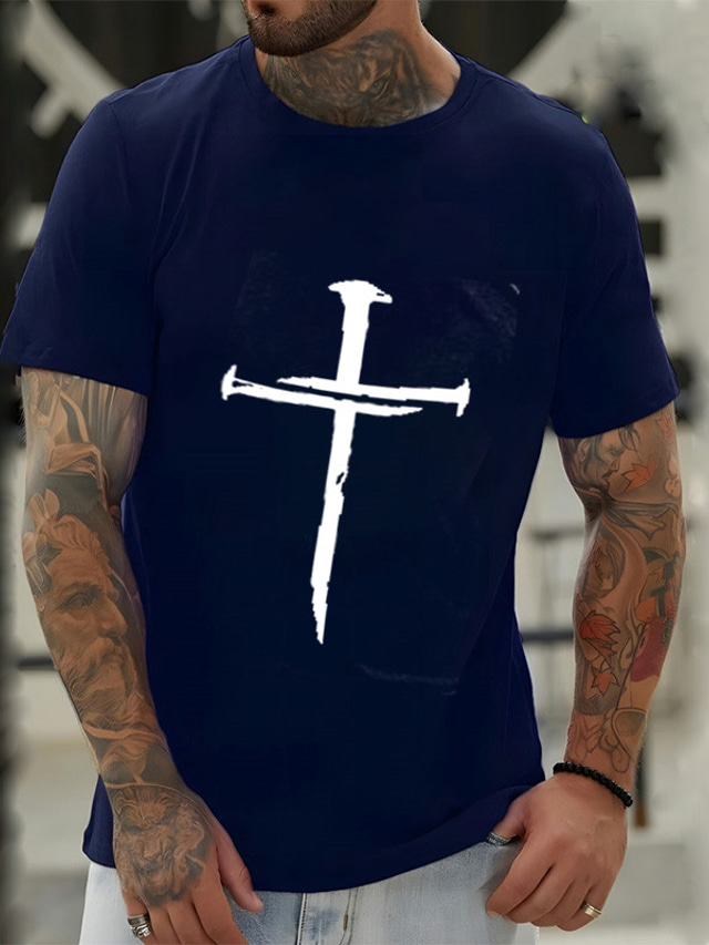  Men's Graphic Prints Cross Faith T Shirt Graphic Tee Cotton Short Sleeves Graphic Shirt Wine Red #2 Black White Comfortable Tee Vacation Street Fashion Designer Clothing