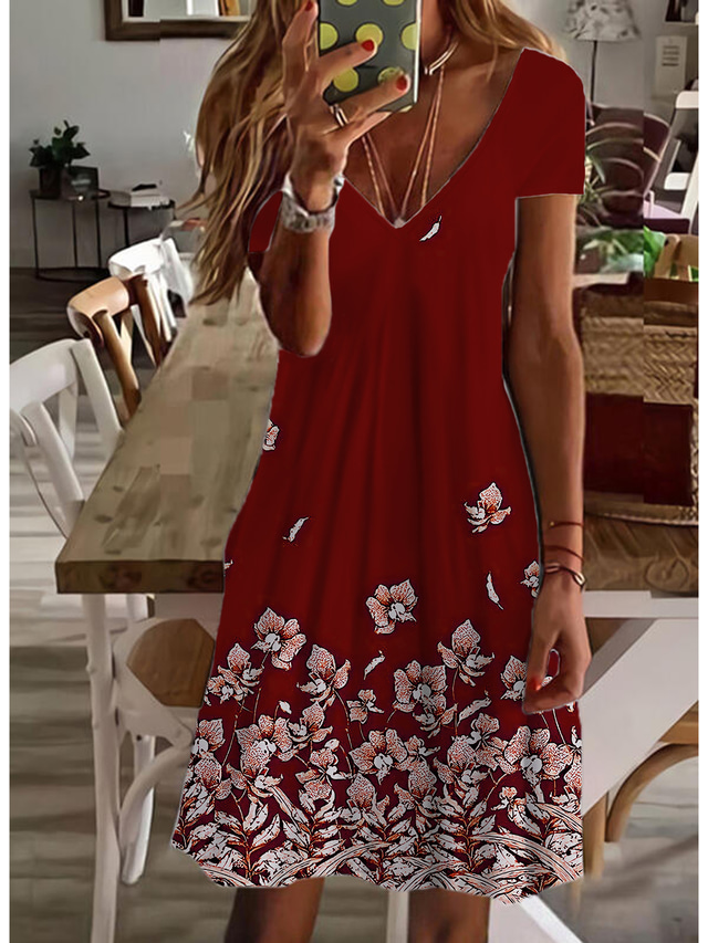  Women's Mini Dress Mini Dress Petite Dress T Shirt Dress Tee Dress Sundress A Line Dress Cute Outdoor Vacation Birthday Regular Fit Floral Short Sleeve V Neck Black White Pink Wine Summer