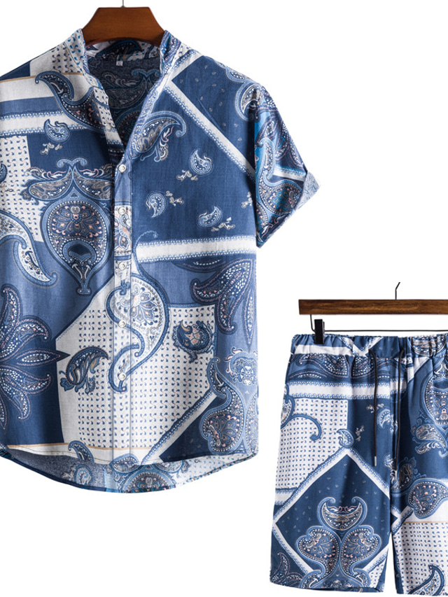  Homme Costumes de chemise Chemise hawaïenne Rayé Imprimés Photos Col rabattu Bleu Jaune Vin Fuchsia Bleu poussiéreux Extérieur du quotidien Manche Courte Bouton bas Vêtement Tenue 2 pièces Vêtement