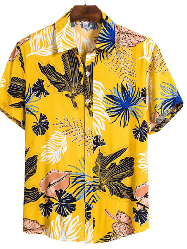  Herre Skjorte Hawaii skjorte Button Up skjorte Sommer skjorte Casual skjorte Lysegul Sort Hvid Gul Lysegrøn Kortærmet Blomst / Planter Krave udendørs I-byen-tøj Trykt mønster Tøj Gade Stilfuld